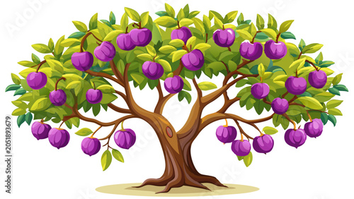 Illustration of a tree with purple fruits and green leaves fruit tree plum tree fruit bearing botanical illustration organic growth flora illustration