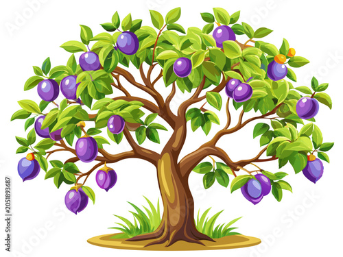 Illustration of a tree with purple fruits and green leaves illustration botanical vegetation colorful represent