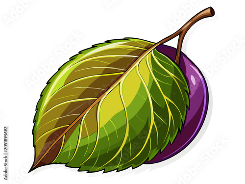 Illustration of a single green leaf with a brown stem illustration botanical vegetation colorful represent