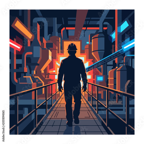 Foto A worker walks through a brightly lit industrial manufacturing facility