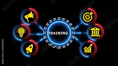 Business training concept with neon glowing circular infographics on dark screen.