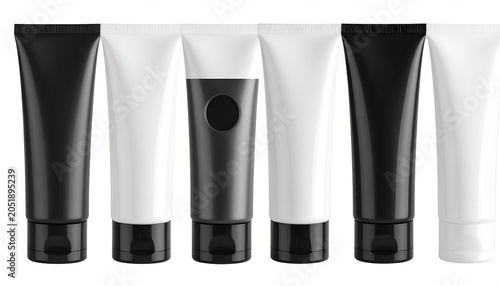 Set of Black and White Cosmetic Tubes for Skincare Products.