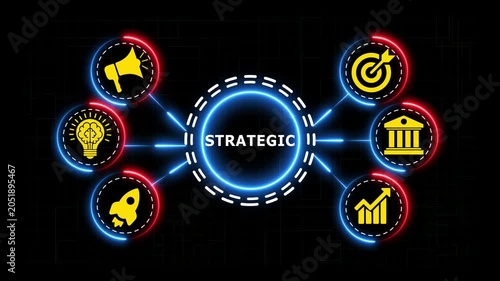 Strategic business planning video animation with various icons in a dynamic motion.