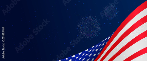 Cuadro en lienzo Patriotic USA flag corner border banner with night fireworks