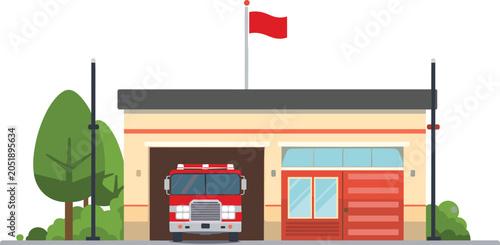 Obraz na płótnie Fire Station Building Vector Illustration Flat Design with Fire Engine Truck in