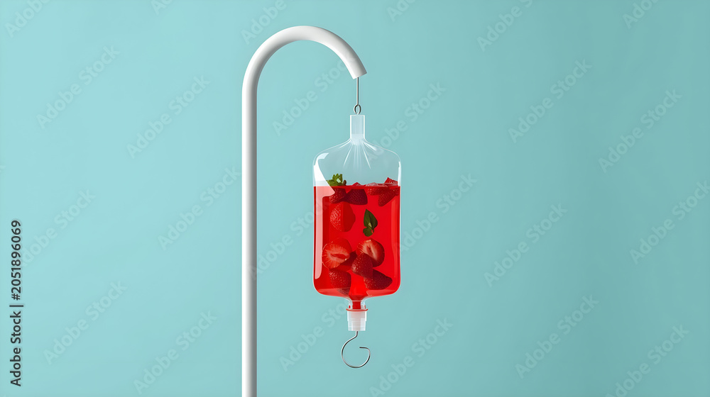 Obraz premium Creative concept for World Blood Donor Day featuring an intravenous fluid bag filled with fresh red strawberries and mint leaves, hanging on a white stand against a clean teal background.
