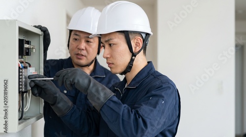 現場で分電盤のメンテナンス作業を行いOJTで育成される若手電気工事士