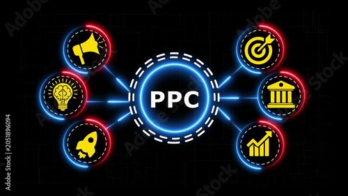 Ppc marketing concept animation with neon glowing circular icons and connection.
