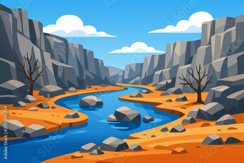 Photos Canyon landscape with winding river, vector illustration with blue sky