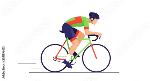 Road cyclist riding a bicycle at speed in a competitive race.