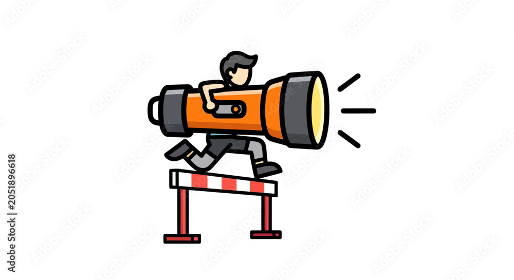 Fototapeta premium Man jumping hurdle while carrying a large flashlight.