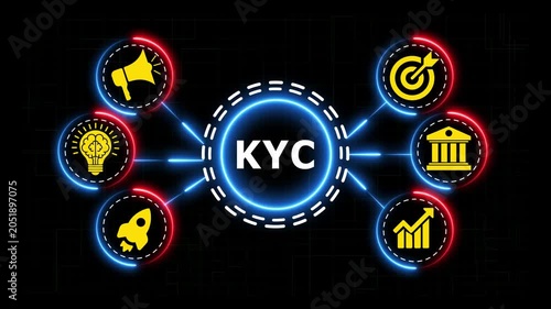 KYC concept with animated icons business network connection on black background.