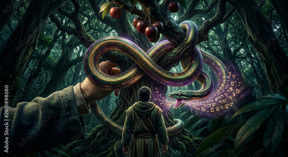 Fototapeta premium A dramatic, low-angle shot in a dense, dark forest canopy. A beautiful, shimmering serpent with iridescent scales (greens, golds, purples) is wound around a thick vine.