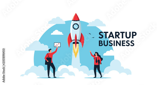 Business startup concept with rocket launch and professional team, success and innovation metaphor for new corporate ventures and growth.