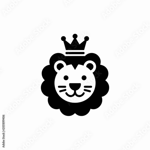 Cute black and white lion icon wearing a small crown