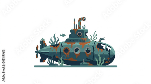 Tableau sur toile Vintage Submarine Underwater Scene With Fish and Seaweed.