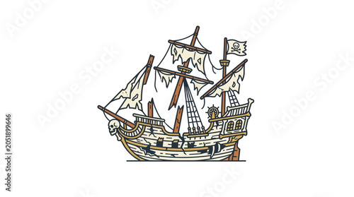 Schilderij op canvas Vintage Pirate Ship Illustration with Tattered Sails.