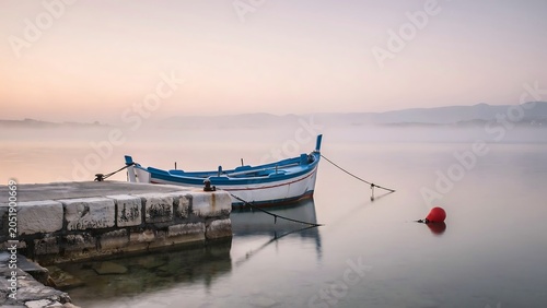 A serene boat rests on a calm lake at sunrise with a floating buoy nearby on a peaceful morning