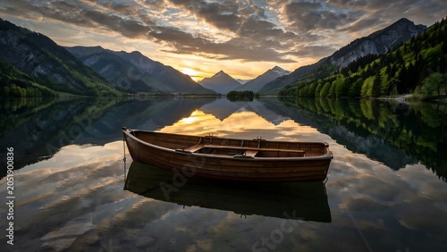 A serene wooden boat floats on a calm lake surrounded by lush green mountains and trees during sunset.