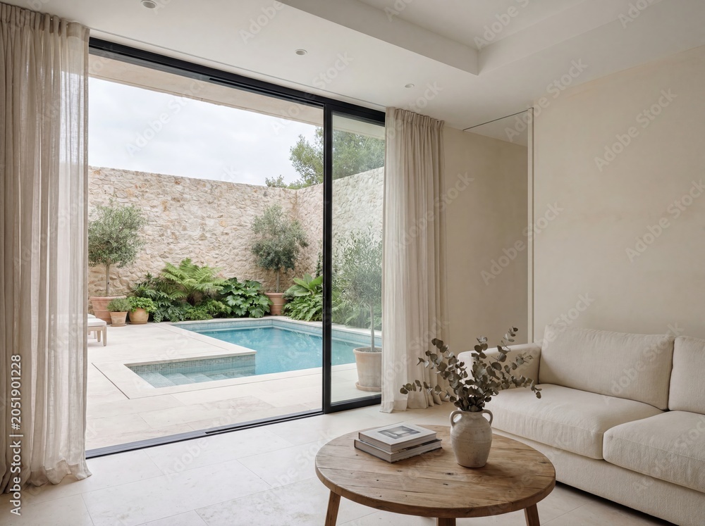Fototapeta premium Coastal Pool Villa Sitting Room with Tropical Garden Terrace