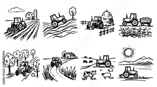 Obraz na płótnie Farm life illustration: Tractors working in fields, harvesting, and rural landscapes with animals