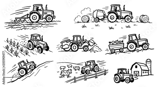 Εκτύπωση καμβά Farm Tractor Collection: Cultivating, Harvesting, Livestock, Rural Life Scenes
