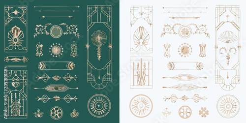 Slika na platnu Geometric Floral Ornament Collection Gold Linework On Green And White Background