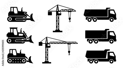 Foto Construction Equipment Set: Bulldozers, Cranes, Dump Trucks - Vector Icons