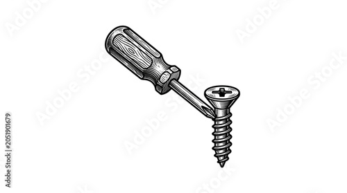 Fotografia Vintage Hand Drawn Screwdriver and Screw Illustration.