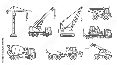 Tableau sur toile Construction Vehicles Line Art: Crane, Trucks, Excavator, Concrete Mixer