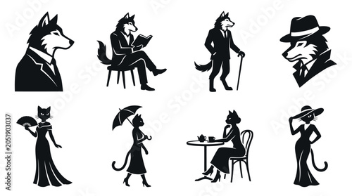 Bild auf Leinwand Anthropomorphic Animals in Vintage Attire: Cats and Wolves as Stylish People