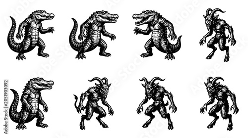 Tableau sur toile Mythical Creatures: Crocodile Monsters and Demonic Goats, Fantasy Beast Icons