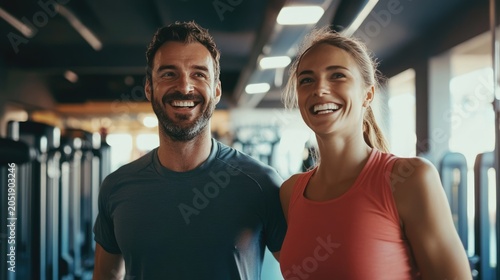 Smiling man and woman exercising together in gym