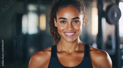 Fit woman with strong arms smiling in gym athletic exercise