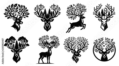 Φωτογραφία Majestic Deer Antlers with Forest Silhouette, Nature Spirit Emblem, Wildlife Art