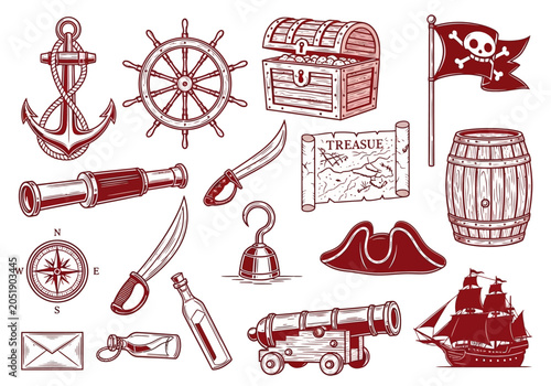 Photos Vintage Pirate and Nautical Adventure Icon Set - Hand Drawn Sea Elements and Shi