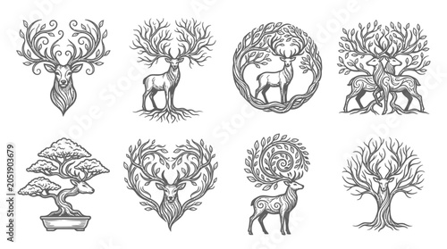 Billede på lærred Mystical Deer and Tree Illustrations: Nature Spirit Art Collection
