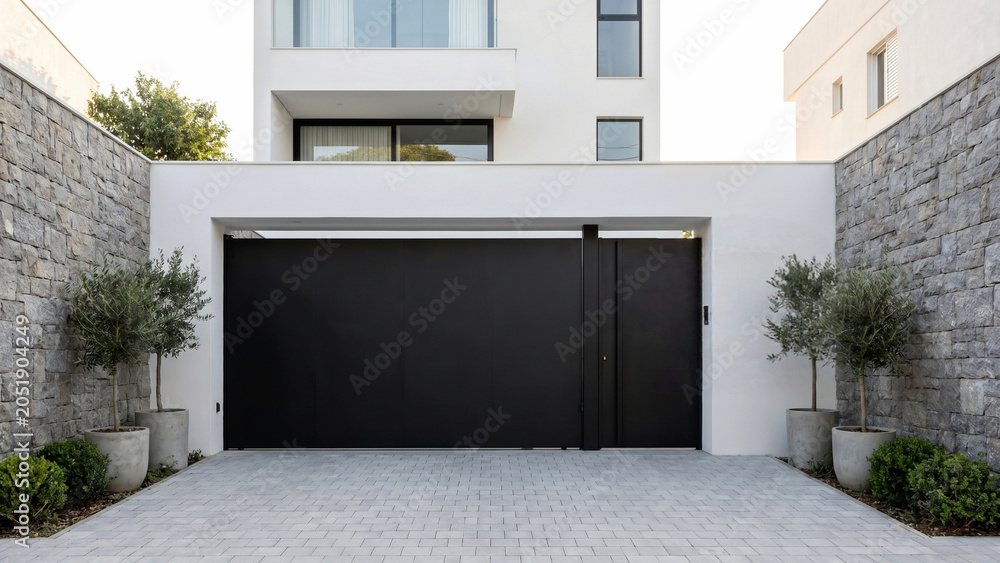 © Waqas - A minimalist urban residence entrance with a black sliding gate and pedestrian door integrated into a sleek white facade, stone-clad side walls, clean paved driveway, contemporary architecture, bright © Waqas - A minimalist urban residence entrance with a black sliding gate and pedestrian door integrated into a sleek white facade, stone-clad side walls, clean paved driveway, contemporary architecture, bright