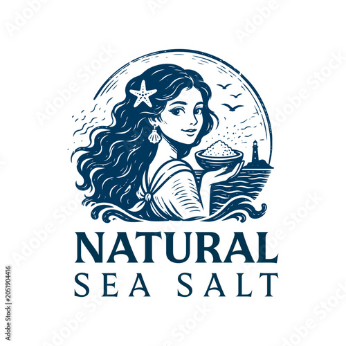 Natural Sea Salt Mermaid Inspired Coastal Brand Vintage Vector Logo