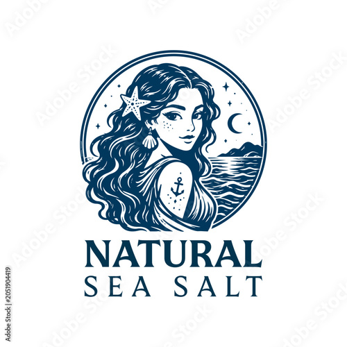 Natural Sea Salt Mermaid Inspired Coastal Brand Vintage Vector Logo