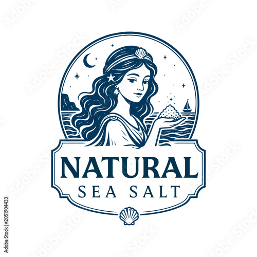 Natural Sea Salt Mermaid Inspired Coastal Brand Vintage Vector Logo