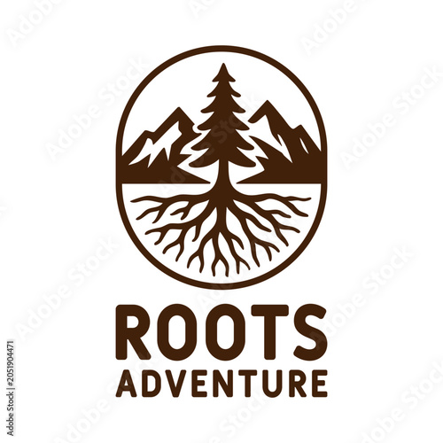 Roots Adventure Pine Tree Mountain Landscape Minimal Outdoor Logo Design