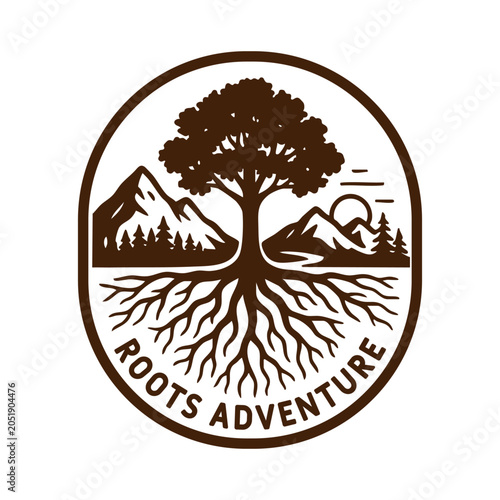 Roots Adventure Mountain Tree and Deep Roots Outdoor Nature Badge Logo