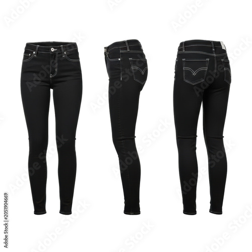 Three pristine pairs of high-waisted, jet black skinny jeans in a triptych product display on a transparent background, showcasing detailed denim texture and stitching, commercial fashion apparel