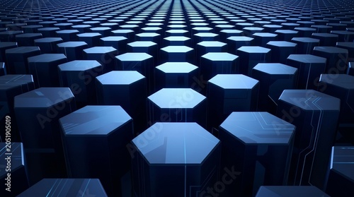 Bild auf Leinwand Hexagonal prism array in a wide digital field with integrated circuit patterns a