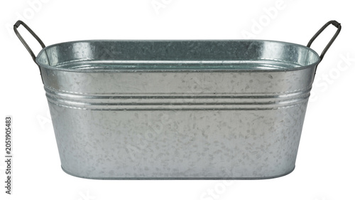 Galvanized metal oval tub with handles on a white background
