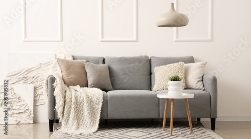 Stylish grey sofa with pill...