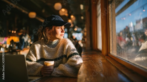 Woman gazing out window with coffee cup laptop and sunlight indoors