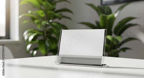Blank white acrylic table tent sign on a modern office desk with blurred green plant in the background.