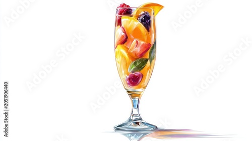 Refreshing fruit cocktail in elegant glass on white background illustration
